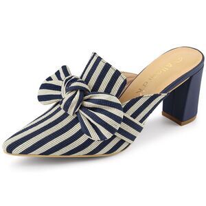 Stripe Bow Pointed Toe Block Heel Slides Blue Mules